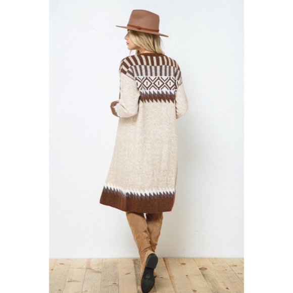 Taupe & Brown Aztec Tribal Western Boho Long Open Knit Cardigan Casual Sweater - Picture 6 of 8